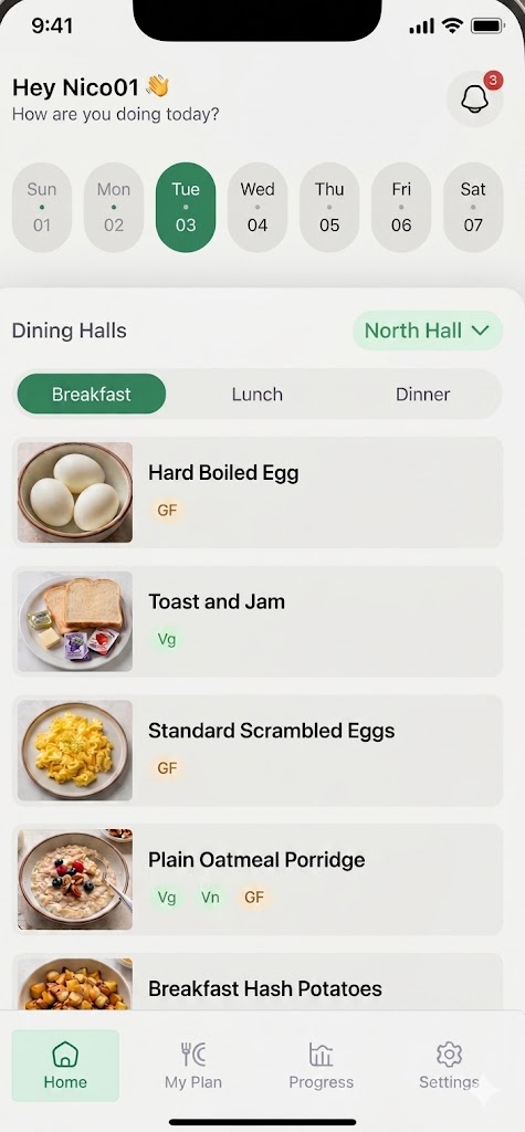 WiseDine app showing today's dining-hall menu with dietary tags such as vegetarian and gluten-free.